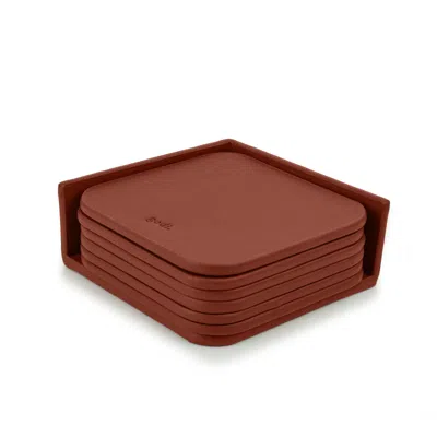 Godi. Rose Gold / Brown Small Leather Coasters - Set Of 6 - Rust Brown
