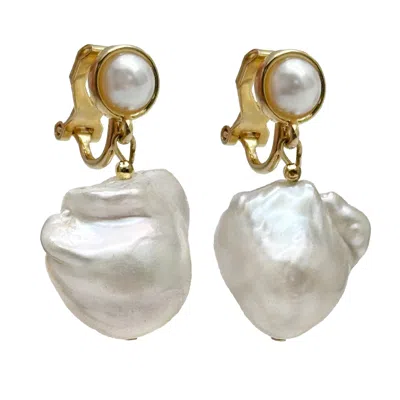 Farra Women's White Baroque Pearls Dangle Clip On Earrings In White