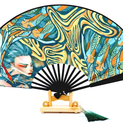 Suki Wang London 'blue Maiden' Holding Fan With Engraving In Multi