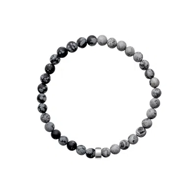Ora Pearls Black / White / Grey Aro Men's Snowflake Obsidian & Map Jasper Bracelet Silver Bead In Multi