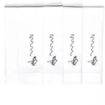 Dede Johnston Skiers Embroidered Napkin, Set Of Four, Charcoal Grey In White