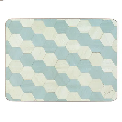 E. Inder Designs Blue / Grey Four Table Mats Set In Light Blues And Grey Geometric Design.  Heat Proof Melamine Surfa In Blue