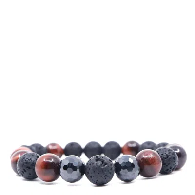 Shar Oke Men's Black / Red Red Tiger's Eye, Black Cubic Zirconia & Black Lava Beaded Bracelet In Multi