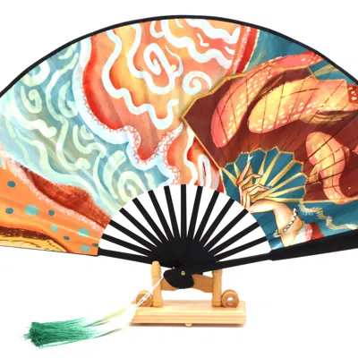 Suki Wang London ‘red Fanfare' Holding Fan With Engraving In Multi