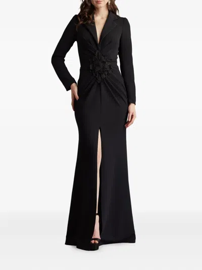 Tadashi Shoji Embroidered Crepe Flower Long Sleeve Body-con Gown In Black