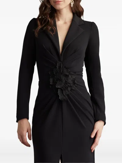 Tadashi Shoji Embroidered Crepe Flower Long Sleeve Body-con Gown In Black
