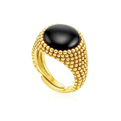 Unaloe Men's Black / Gold Unisex Sterling Silver-gold Plated Shield Ring With Luminous Black Onyx In Multi
