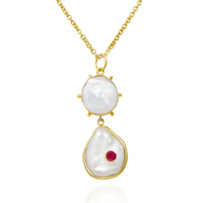 Vintouch Italy Women's White / Red / Gold Rebel Rebel Pearl Statement Necklace With Ruby In Multi