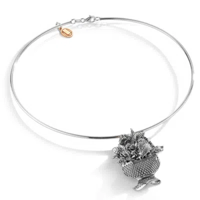Unaloe Fiona Choker In Sterling Silver – Rigid Necklace With Sculpted Rose Basket Pendant, Elegant Handmade In Silver