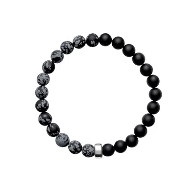 Ora Pearls Black / White / Grey Aro Men's Snowflake Obsidian & Onyx Bracelet Silver Bead - Large In Multi