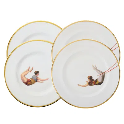 Melody Rose London Gold / White / Red Trapeze Set Of Four Dinner Plates In Multi