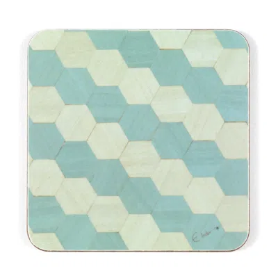 E. Inder Designs Four Square Blue Coasters In A Hexagonal Design. Heat Proof Melamine. In Blue
