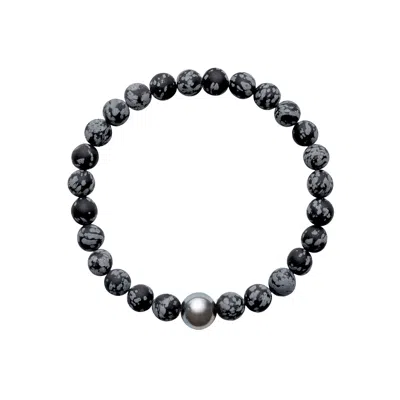 Ora Pearls Black / White / Grey Aro Men's Tahitian Pearl & Snowflake Obsidian Bracelet - Large In Multi