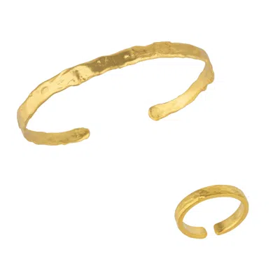 Mejoma Women's Naturally Textured Thin Cuff Bangle & Textured Hammered Ring Set In Gold In Gold
