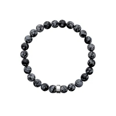 Ora Pearls Black / White / Silver Aro Men's Snowflake Obsidian Bracelet Silver Bead - Large In Multi