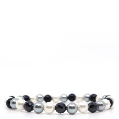 Shar Oke Men's Black / Grey / White Black, Grey & White Shell Pearl & Black Cubic Zirconia Beaded Bracelet In Multi
