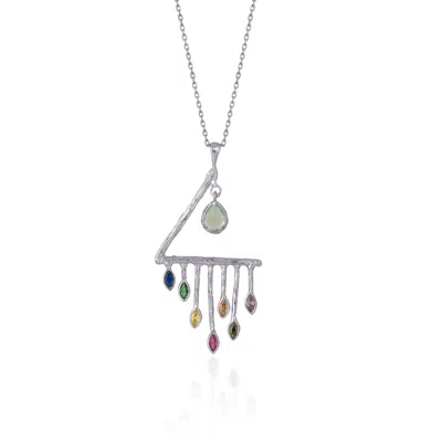 Spero London Colourful Rainbow Rain Drop Necklace In Silver