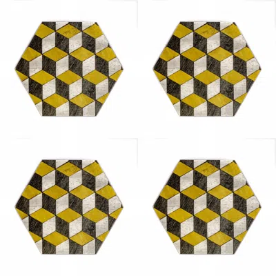 E. Inder Designs Teapot Stand And Coasters Set In Mid Century Modern Mustard And Grey Heat Proof Melamine. A Unique P In Multi