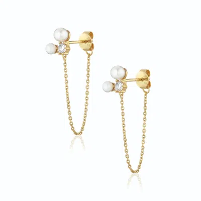 Alura Copenhagen Jewellery Women's Eclipse - Two Earrings With A Twist Of Genuine Freshwater Pearls, Zirkonia & Golden Chain In Gold