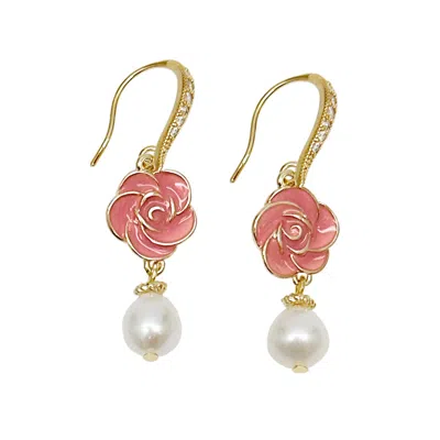 Farra Women's Timeless Pink Rose With Freshwater Pearls Dangle Earrings In Pink