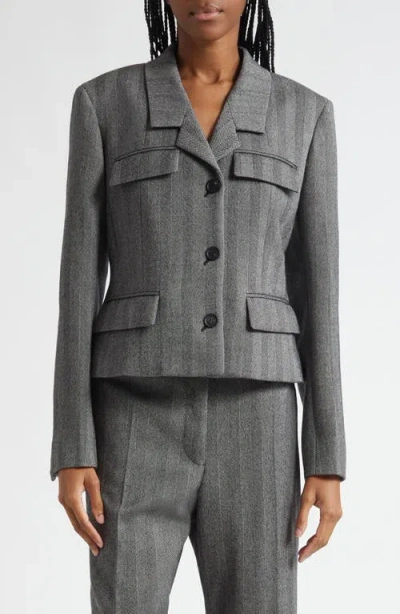 Ferragamo Herringbone-pattern Flap-pocket Blazer In Gray