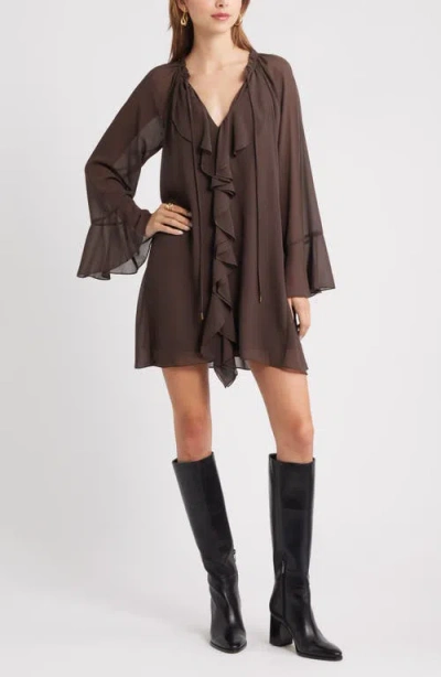 Open Edit Ruffle Chiffon Shift Dress In Brown