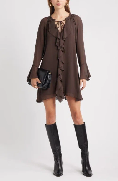 Open Edit Ruffle Chiffon Shift Dress In Brown