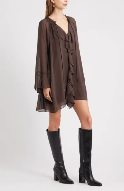 Open Edit Ruffle Chiffon Shift Dress In Brown