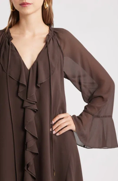 Open Edit Ruffle Chiffon Shift Dress In Brown