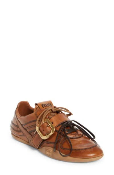 Miu Miu Cognac-colored Leather Sneakers With Buckle In Multi