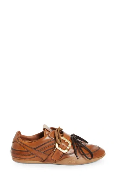 Miu Miu Cognac-colored Leather Sneakers With Buckle In Multi
