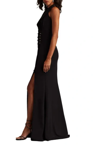 Tadashi Shoji Pleated Jewel-embellished Crepe Tuxedo Gown In Black