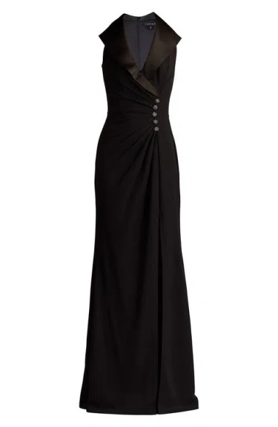 Tadashi Shoji Pleated Jewel-embellished Crepe Tuxedo Gown In Black