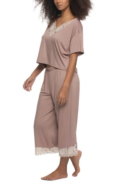 Felina Women's Regular Amelie Jersey Vintage Lace Crop Tee Crop Wide Leg Pants In Pink