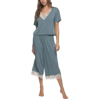 Felina Women's Regular Amelie Jersey Vintage Lace Crop Tee Crop Wide Leg Pants In Blue