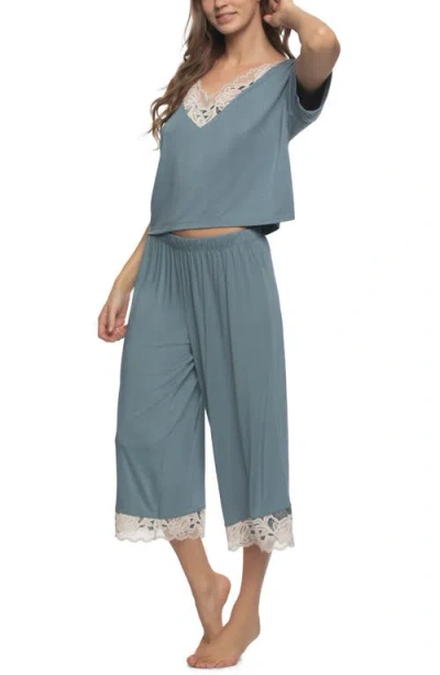 Felina Women's Regular Amelie Jersey Vintage Lace Crop Tee Crop Wide Leg Pants In Blue