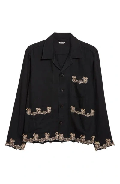 Bode Embroidered-pocket Wool Overshirt In Black