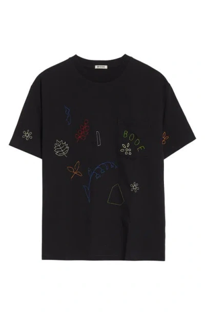 Bode Field Guide Embroidered Cotton-jersey T-shirt In Black