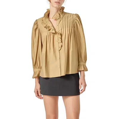 English Factory Charlotte Ruffle Button Down Blouse In Olive In Brown