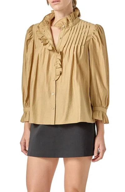 English Factory Charlotte Ruffle Button Down Blouse In Olive In Brown