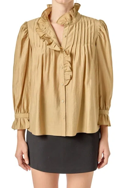 English Factory Charlotte Ruffle Button Down Blouse In Olive In Brown