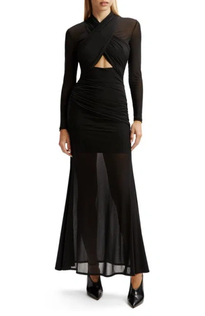 Bardot Veria Front Wrap Long Sleeve Mesh Gown In Black