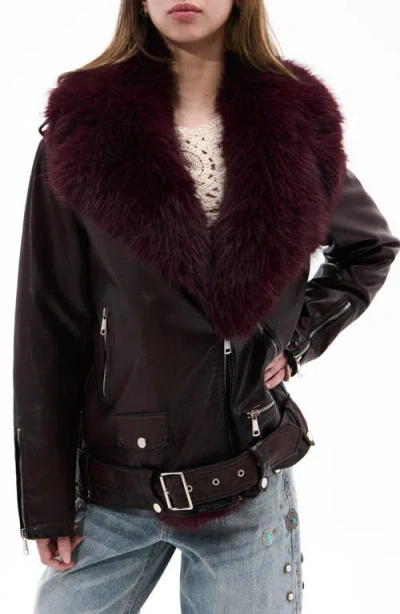 Azalea Wang Aurelia Faux Leather Moto Jacket With Removable Faux Fur Collar In Burgundy