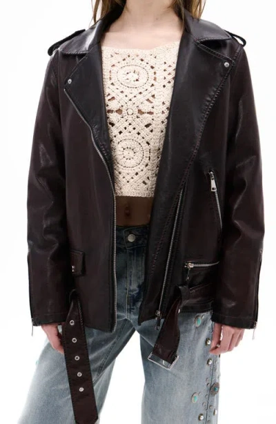 Azalea Wang Aurelia Faux Leather Moto Jacket With Removable Faux Fur Collar In Burgundy