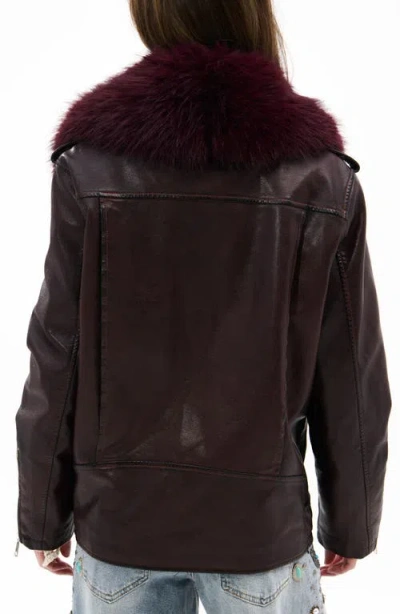 Azalea Wang Aurelia Faux Leather Moto Jacket With Removable Faux Fur Collar In Burgundy