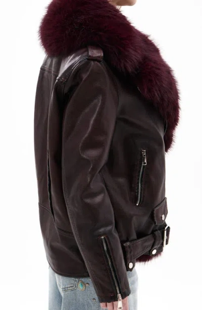Azalea Wang Aurelia Faux Leather Moto Jacket With Removable Faux Fur Collar In Burgundy