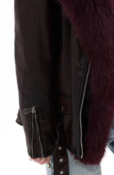 Azalea Wang Aurelia Faux Leather Moto Jacket With Removable Faux Fur Collar In Burgundy