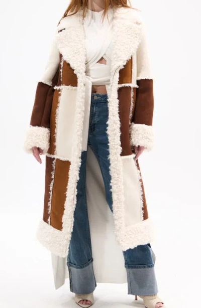 Azalea Wang Telluride Longline Patchwork Coat With Faux Fur Collar In Multi
