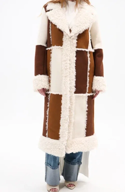 Azalea Wang Telluride Longline Patchwork Coat With Faux Fur Collar In Multi