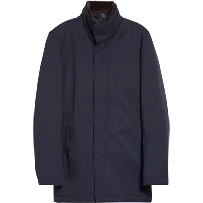 Herno Twill Car Coat With Removable Faux Fur Lining In Blue